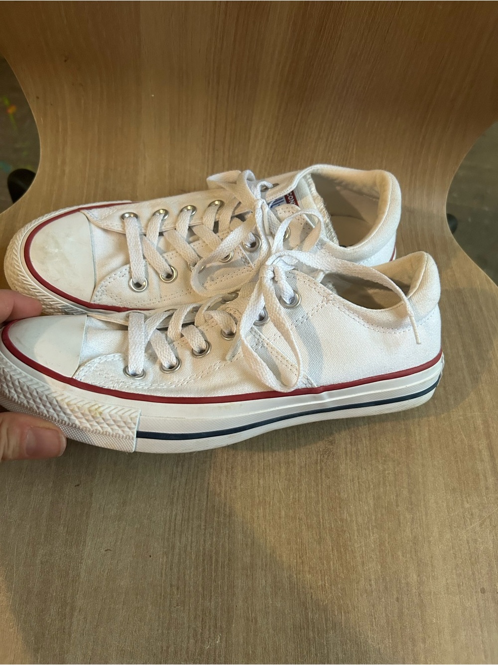 Womans White Canvas Low-Top Sneakers with Red & Blue Trim